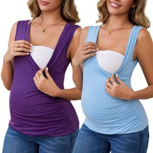 2-Pack Nursing Tank Wrap Ruched Breastfeeding Maternity Tops Purple&Blue